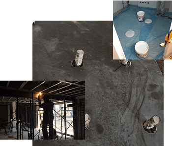 Collage of construction services including concrete work and building interiors
